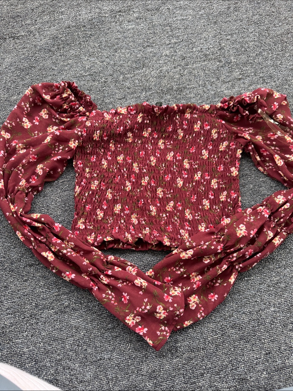 wild fable Burgundy Floral Smocked Off-Shoulder Crop Top